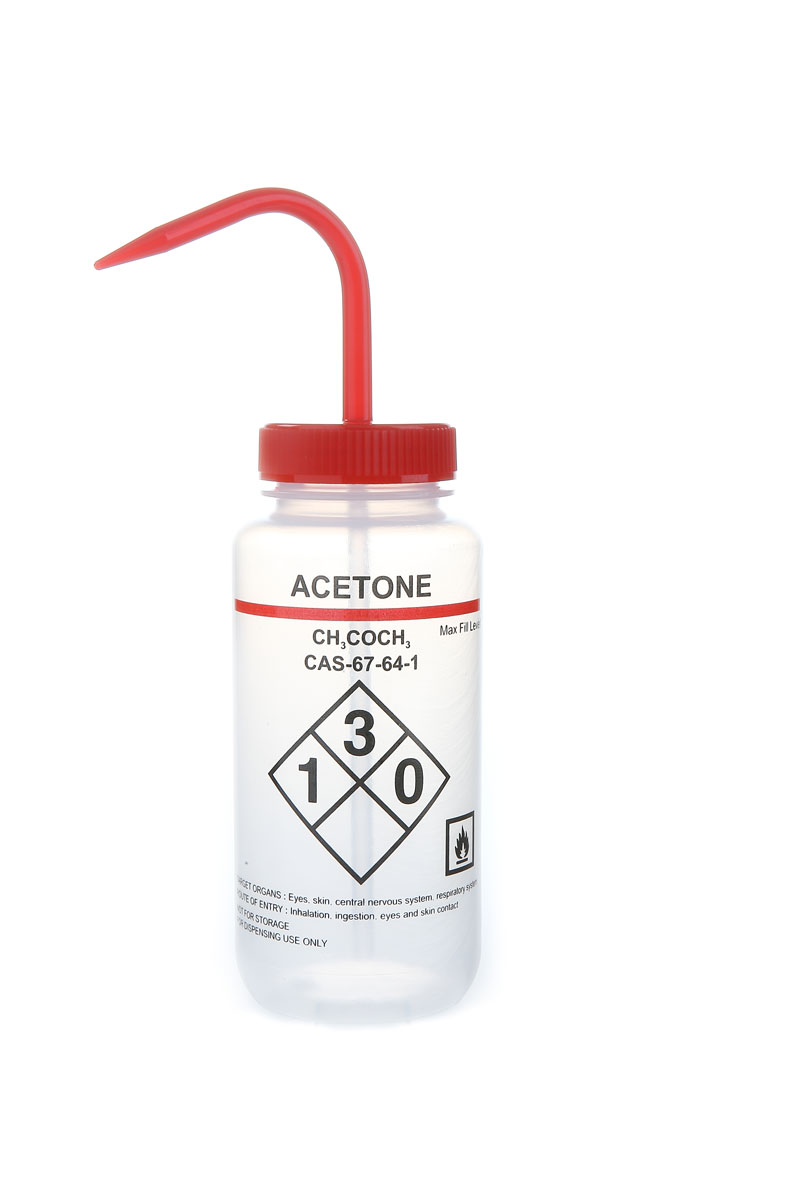 Wash Bottles Safety Labeled, Self Venting, Wide Mouth, 500mL, Acetone, Clear/Red